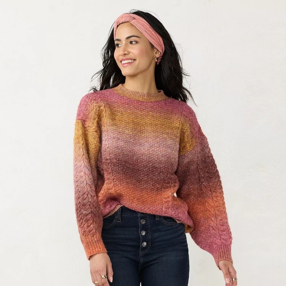 Lauren Conrad | Pink & Orange Ombre Cable Knit Sweater Size XL